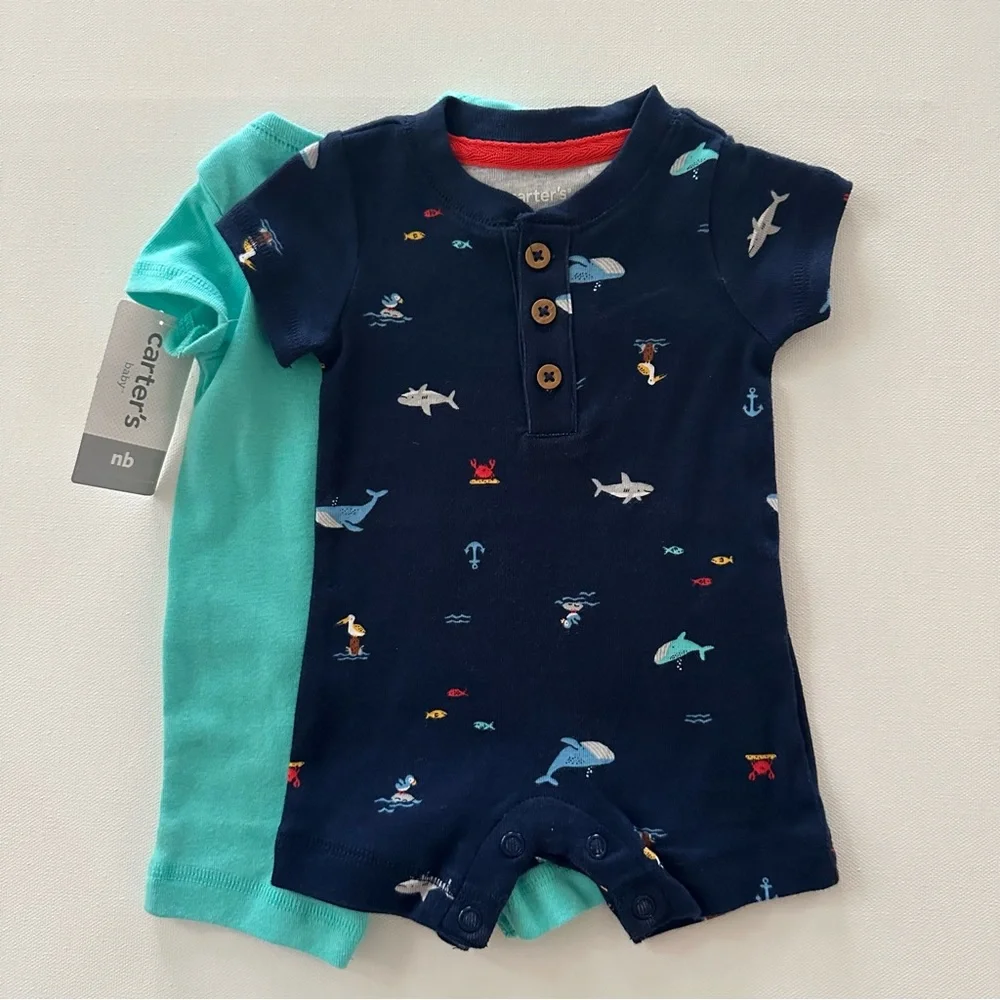 Carter’s Newborn Baby Boy 2-pk Rompers Nautical Whale Shark Spring Summer